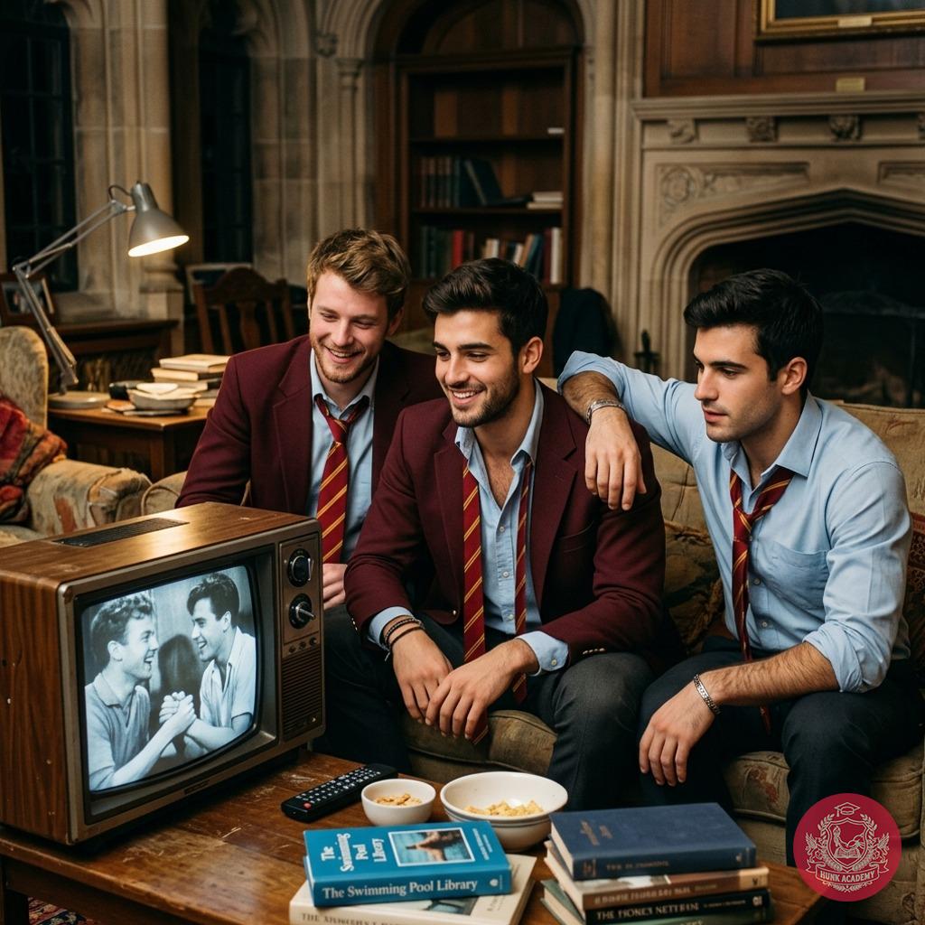Late-night study breaks in the old library—three scholars pause to watch a flicker of black-and-white nostalgia on a vintage...