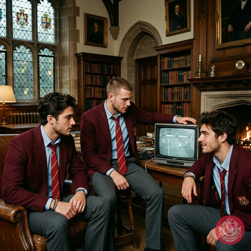 In the hushed grandeur of oak-lined halls, three scholars pause—eyes locked on an old screen, secrets humming between them....