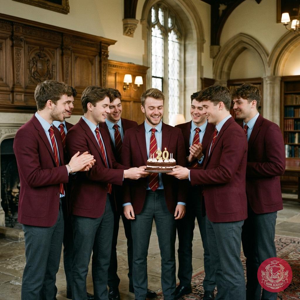 Six scholars gather in solemn camaraderie, their maroon robes framing a moment of rare levity—birthday candles flicker like...