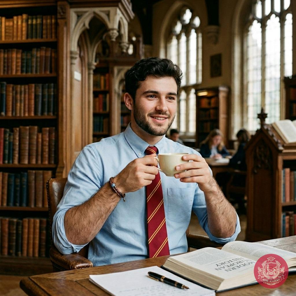 Between leather-bound tomes and arched windows, a quiet moment unfolds—steam curling from his cup, the weight of knowledge...