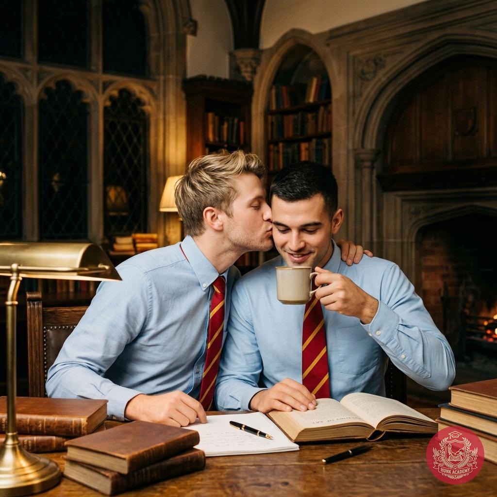 In the quiet glow of candlelit tomes, two scholars pause—ink-stained fingers, shared notes—and lose themselves in a kiss as...