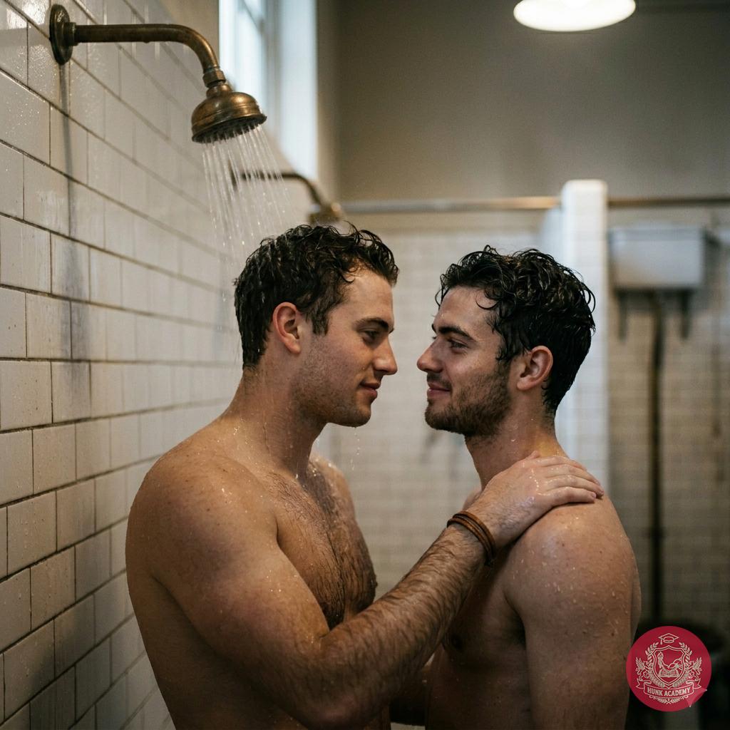 Beneath the cascading warmth of the academy’s shared baths, two scholars stand suspended in a silent exchange—where steam...