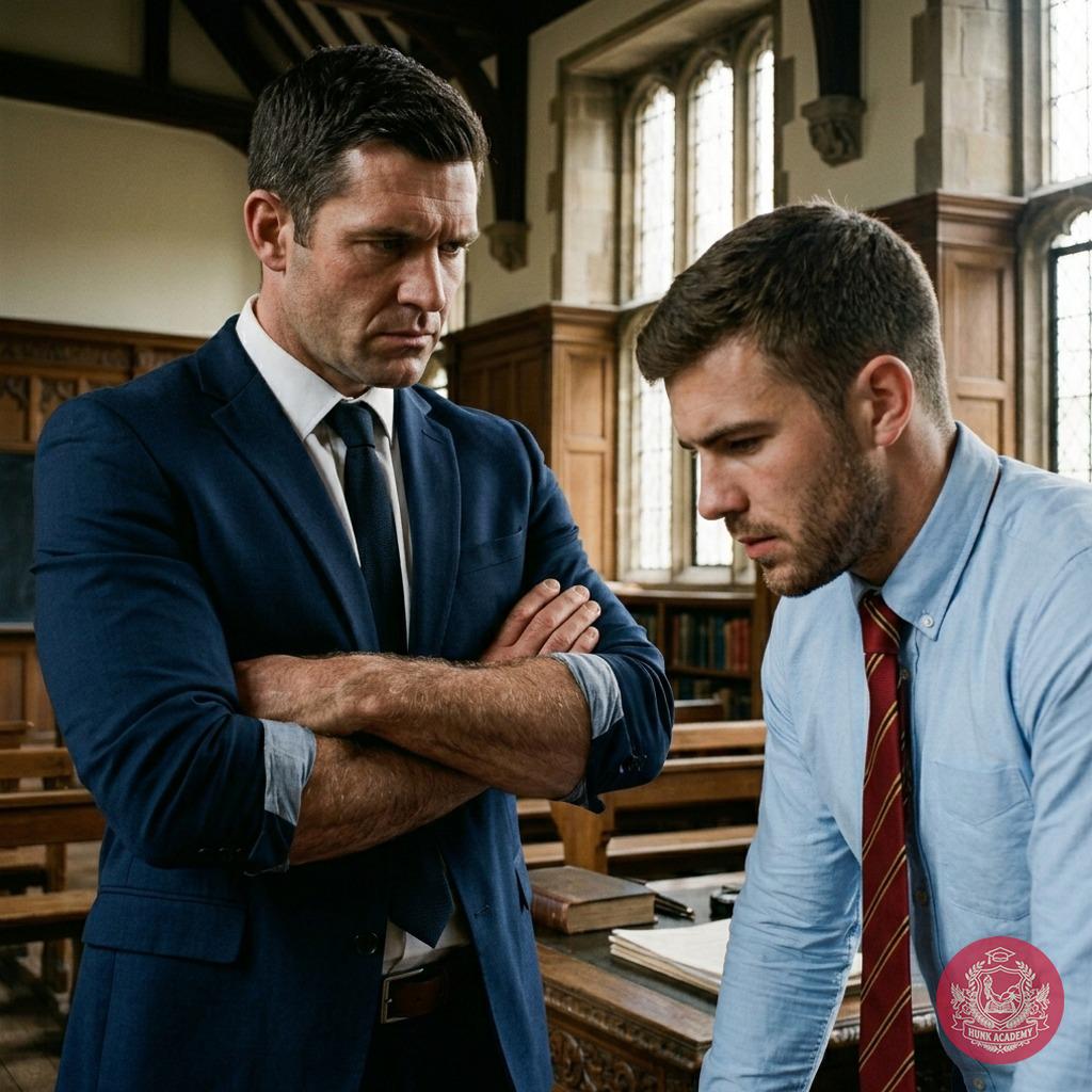The weight of unspoken expectations hangs in the air as a stern mentor crosses his arms, eyes locked on the young scholar’s...