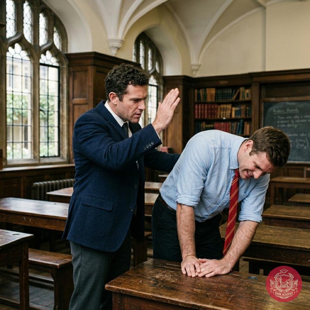 The headmaster’s firm hand guides the scholar back to focus—lessons in humility beneath the towering bookshelves of...