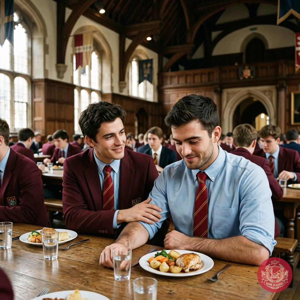 Amidst the grand halls of academia, two scholars share more than just a meal—whispers of camaraderie and quiet understanding...