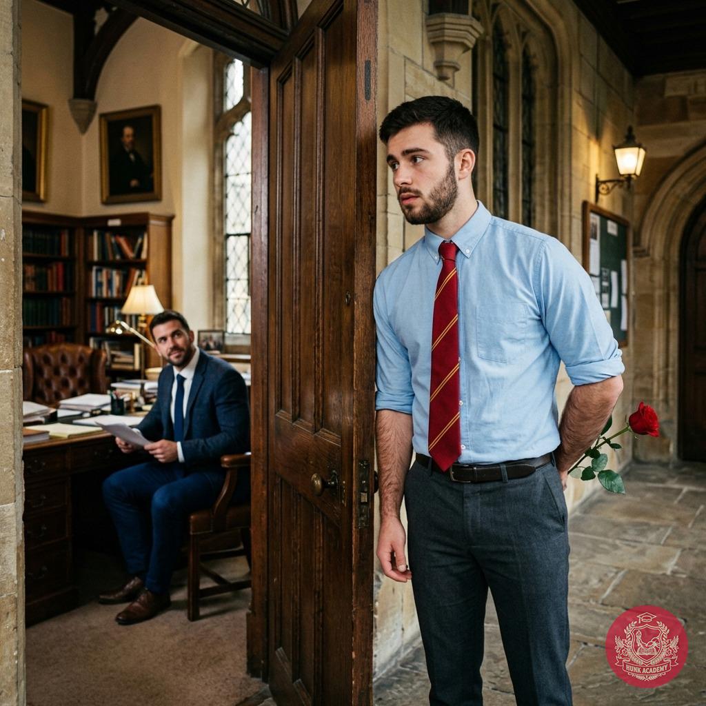 A quiet gesture in the grand halls of knowledge—one student steps forward, a single rose held just beyond the threshold, a...