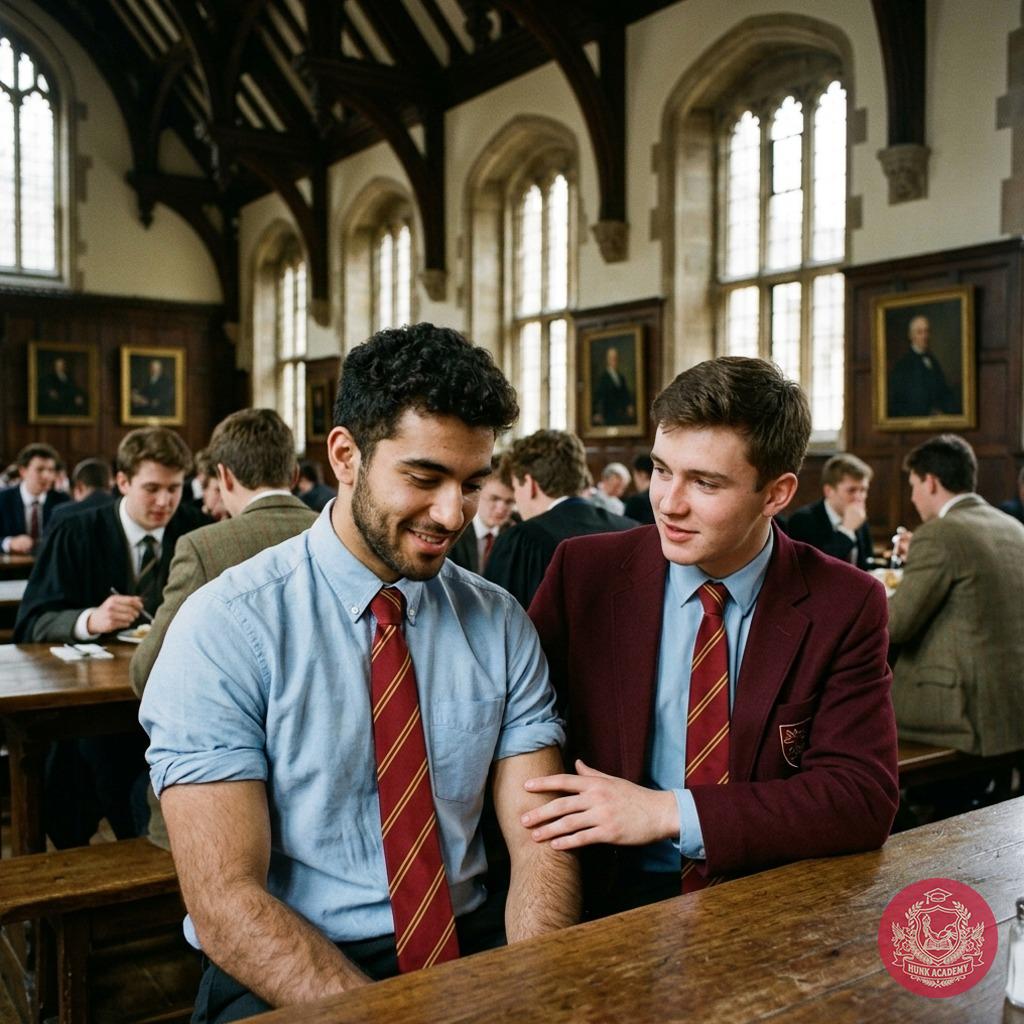In the grand hall of whispered ambitions, two scholars pause—ties slightly askew, eyes alight with unspoken words. The...