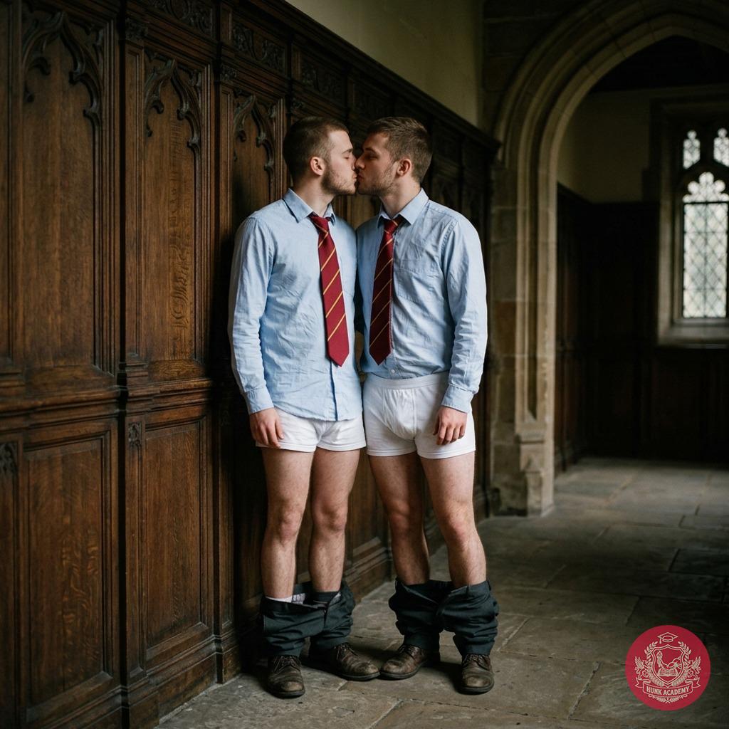 Beneath the arched halls where ancient knowledge whispers, two scholars pause—formal ties and whispered secrets intertwined....