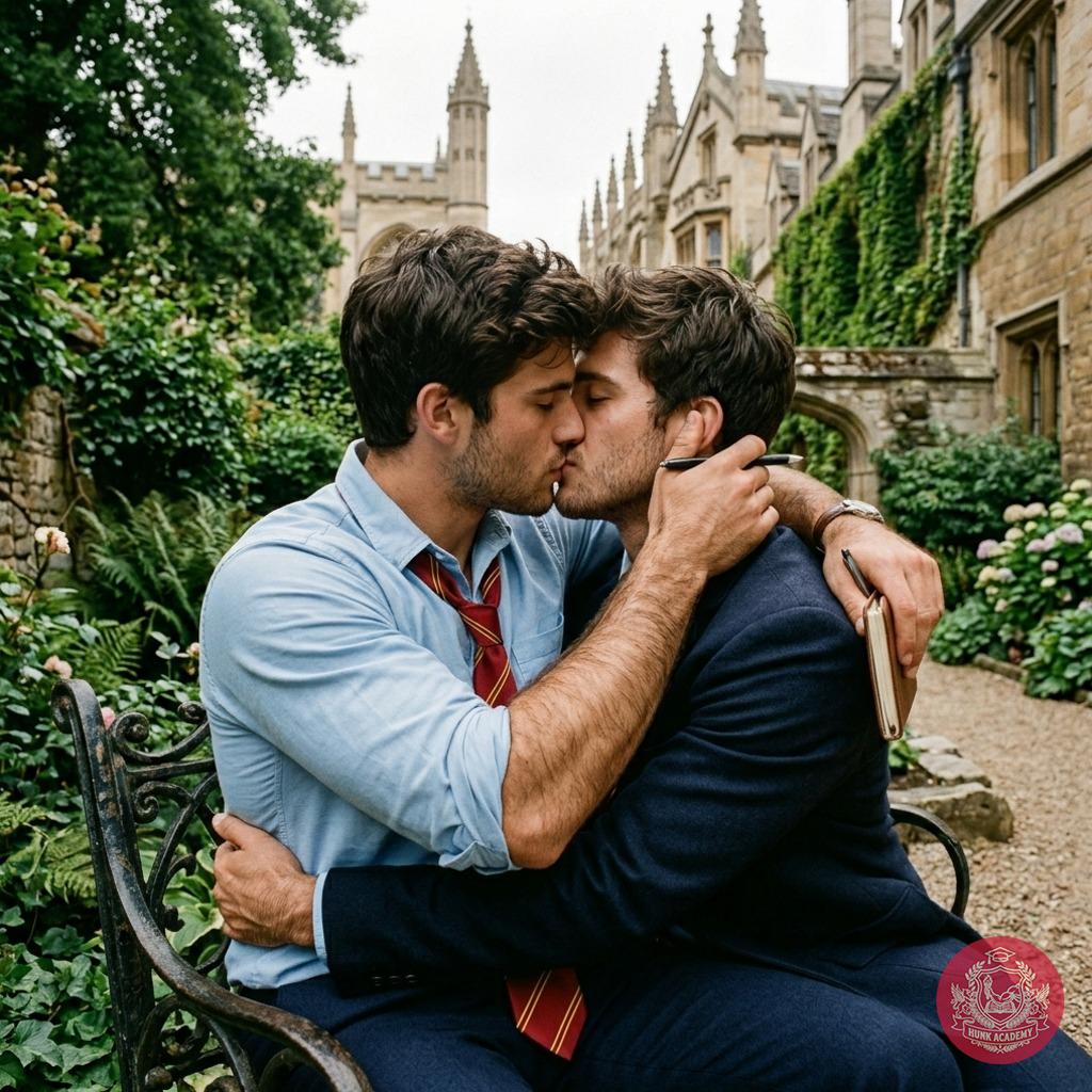 Beneath the ivy’s watchful gaze, two scholars pause—ink-stained fingers tracing old parchment, hearts lost in a kiss that...