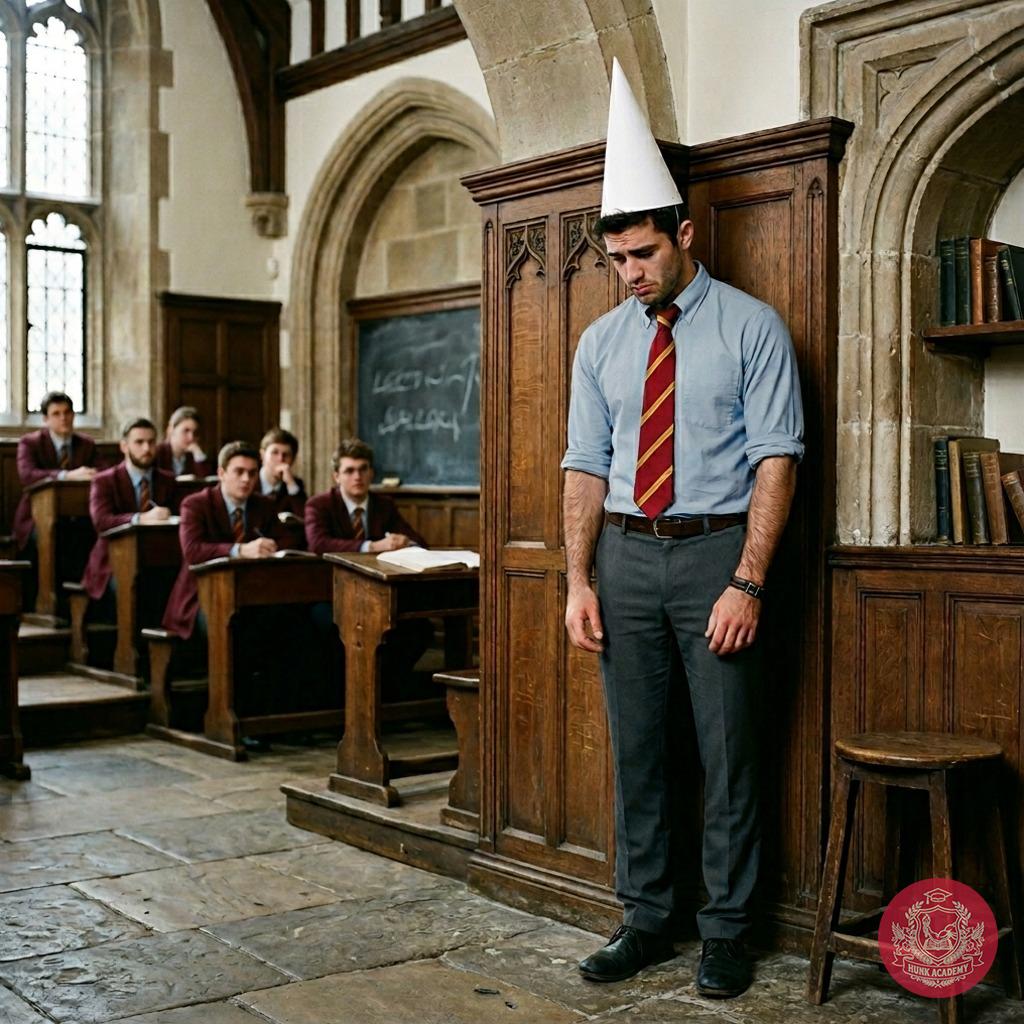 A scholar stands corrected—his academic pride humbled by a donkey’s hat in the grand hall of knowledge. The weight of...