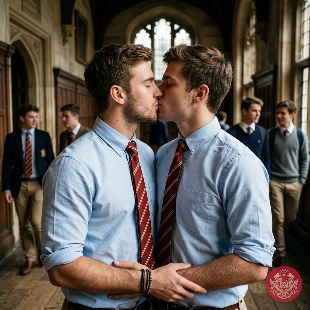 Beneath the arched halls where ink-stained dreams take flight, two scholars pause—time stills as lips meet in a moment older...