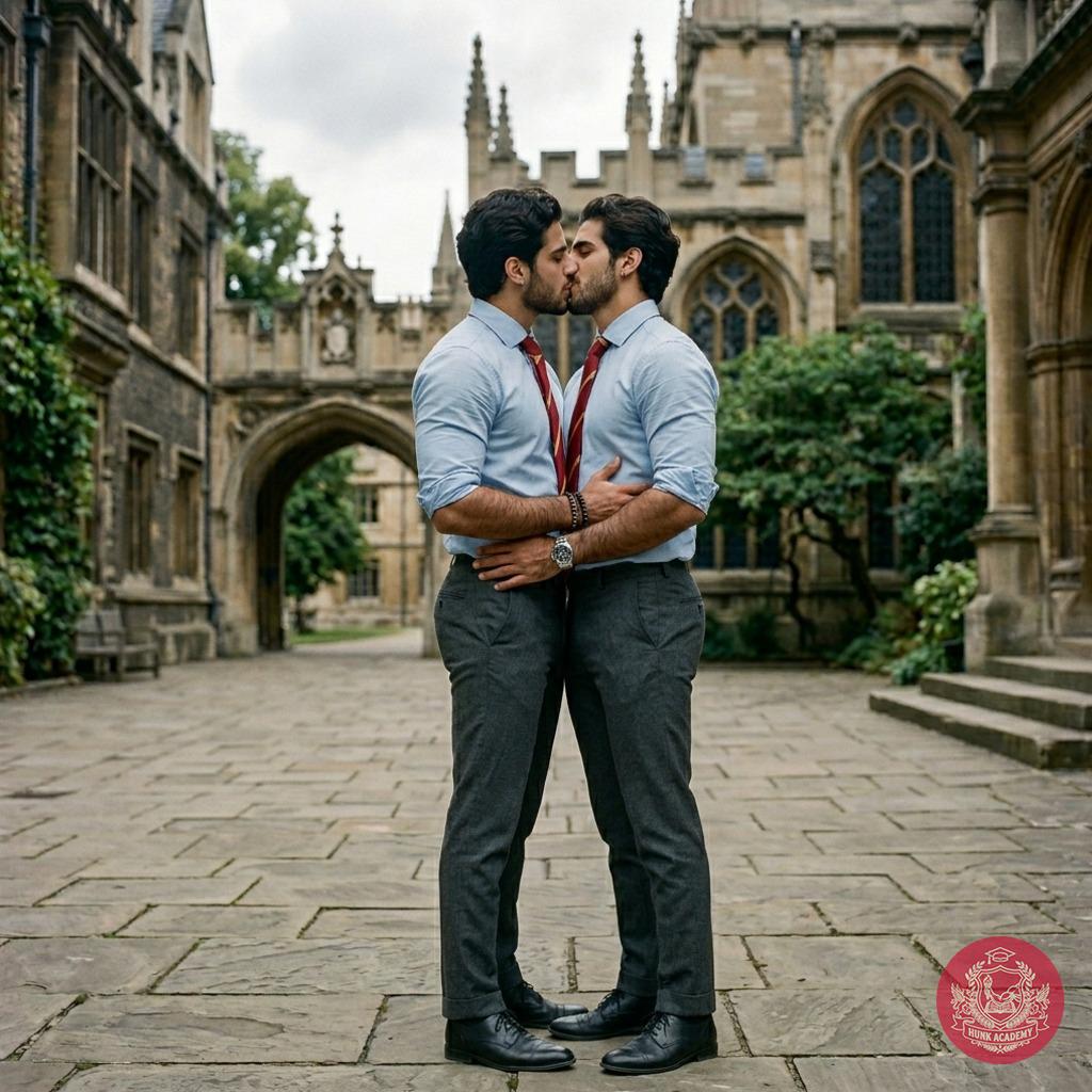 Beneath the arched halls where ancient knowledge whispers, two scholars pause—time forgotten in the quiet intensity of a...