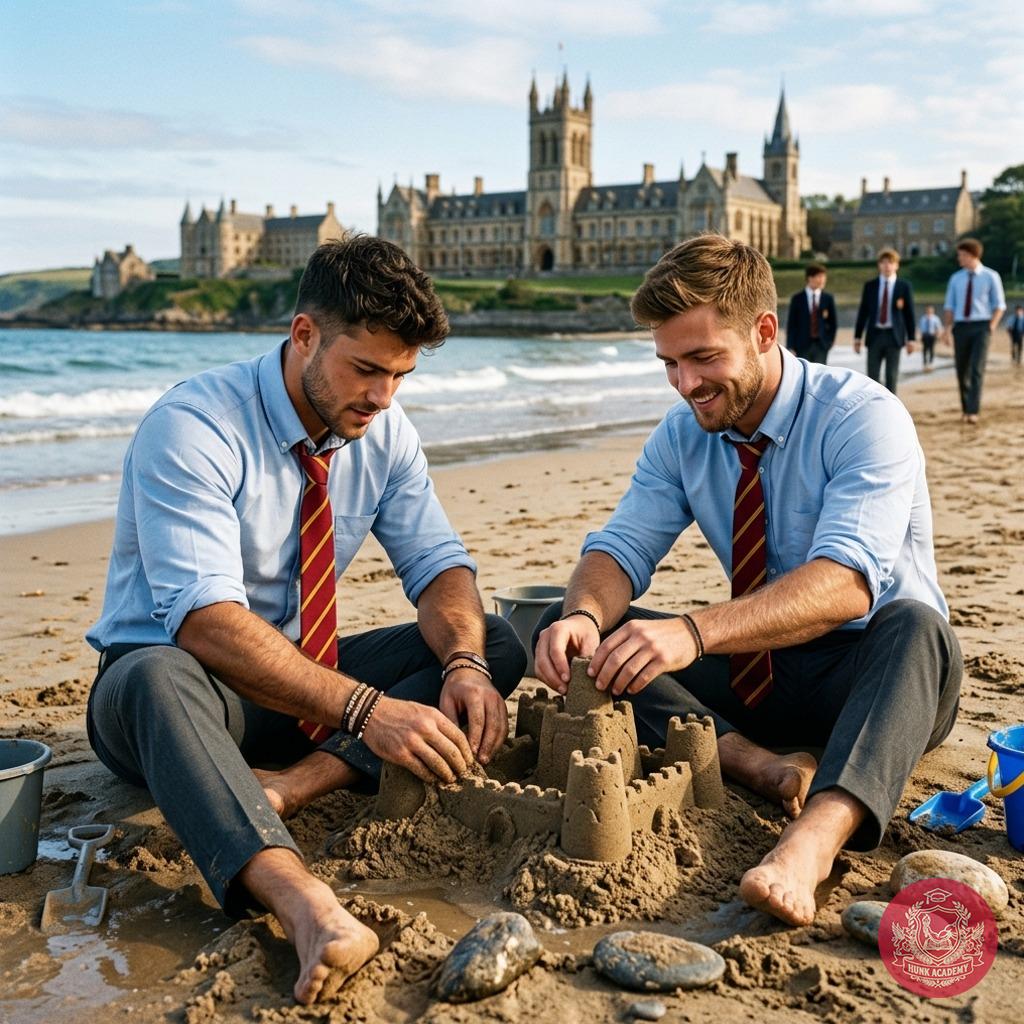 Beneath the grandeur of ancient halls, two scholars kneel where sand meets tide—crafting fleeting kingdoms with their own...