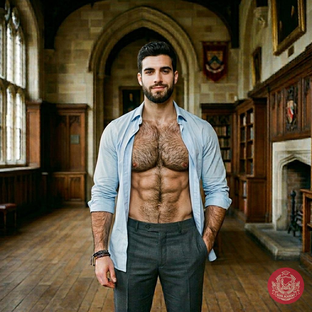 A scholar’s unbuttoned resolve—where intellect meets the quiet strength of a mind forged in ancient halls. The chest beneath...