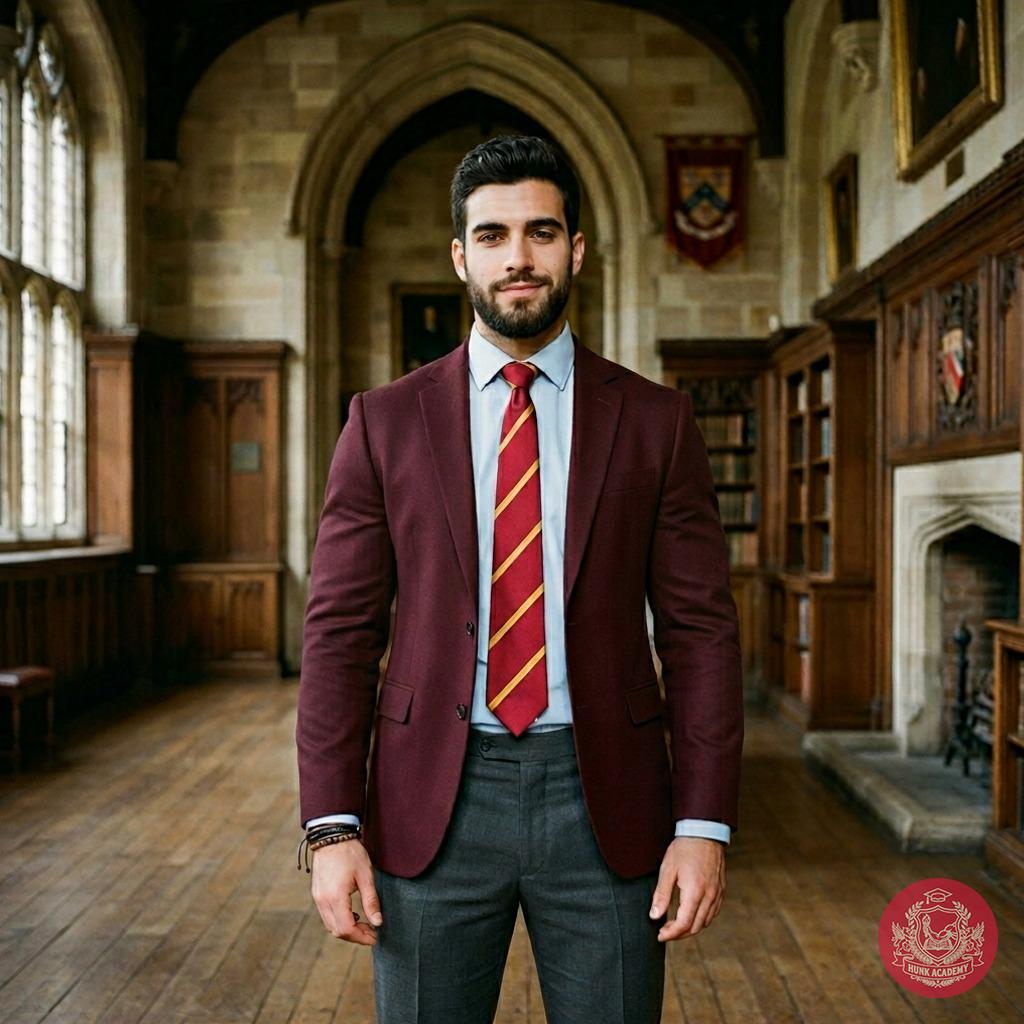 Amidst the hallowed halls of knowledge, a scholar stands poised—maroon blazer, crimson tie, and quiet confidence. Where...