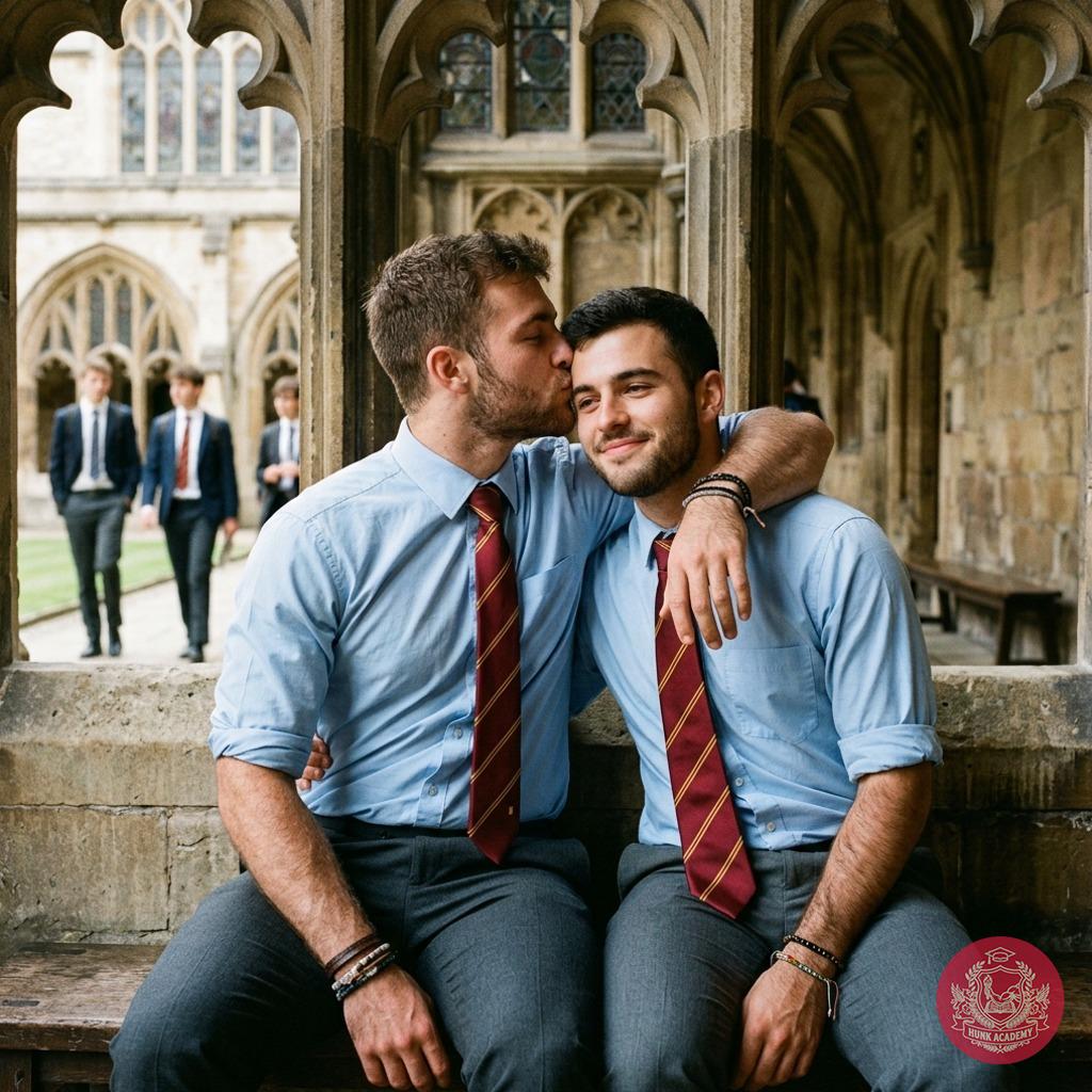 Amidst the timeless halls of academia, two scholars find a quiet moment—gentle touches and whispered words between lectures...
