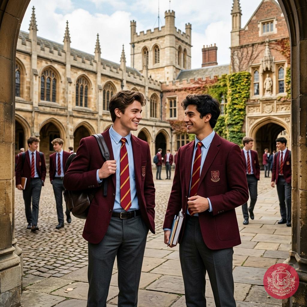 Beneath the grand arches of tradition, two scholars pause—maroon blazers brushing the cobblestones, laughter weaving through...