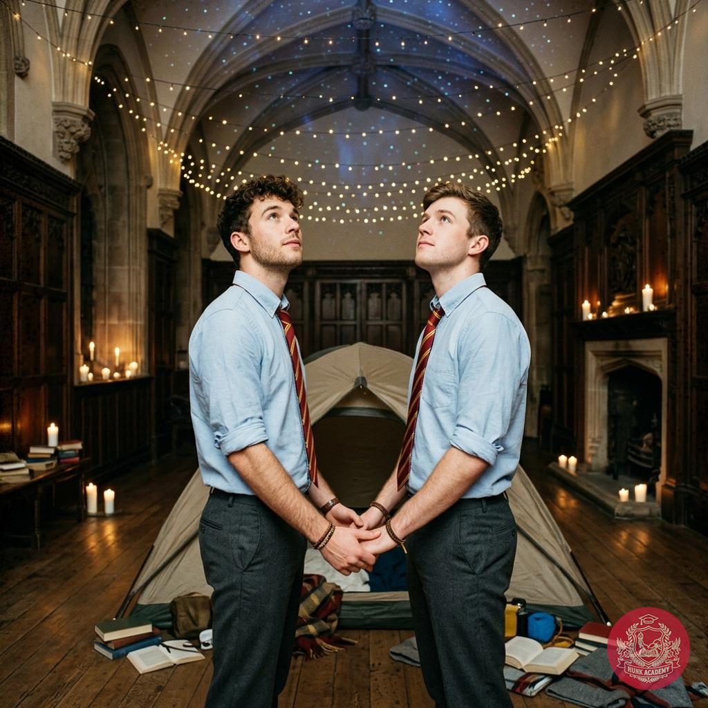 Beneath the vaulted halls where knowledge hums, the ceiling blooms into a constellation of whispers—just for them. Two...