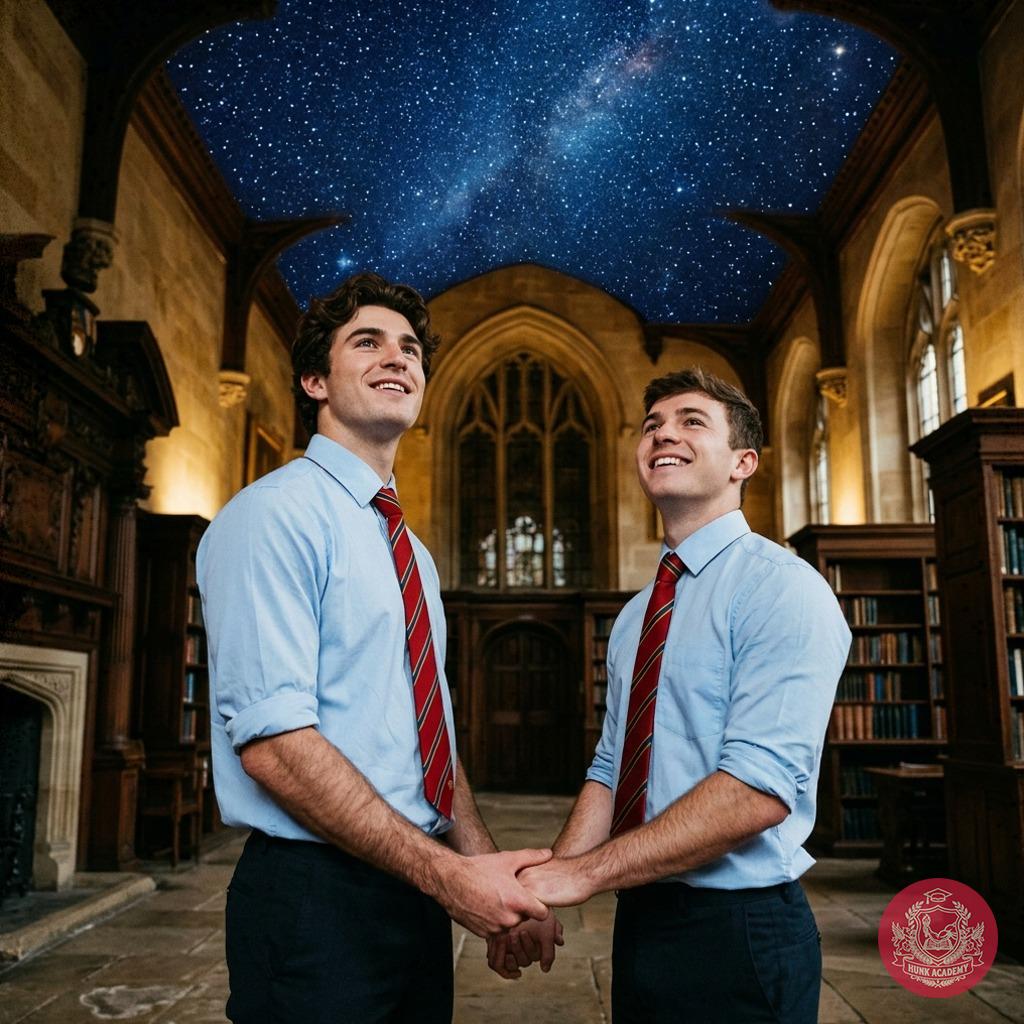 Beneath the vaulted halls, where ancient books whisper secrets, the ceiling blooms into a galaxy of dreams—two scholars...