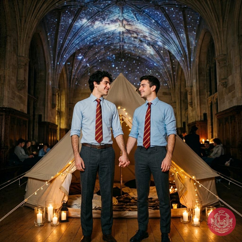 Beneath the vaulted halls, where ancient stone whispers secrets, the ceiling blooms into a cosmos just for them—two scholars...