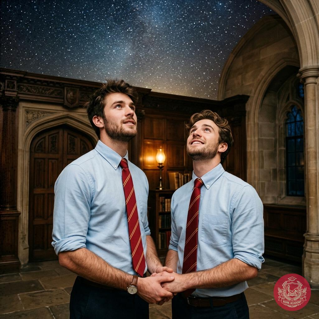 Beneath ancient arches, the night sky unfolds above them—two scholars lost in the quiet magic of stars, where every lesson...