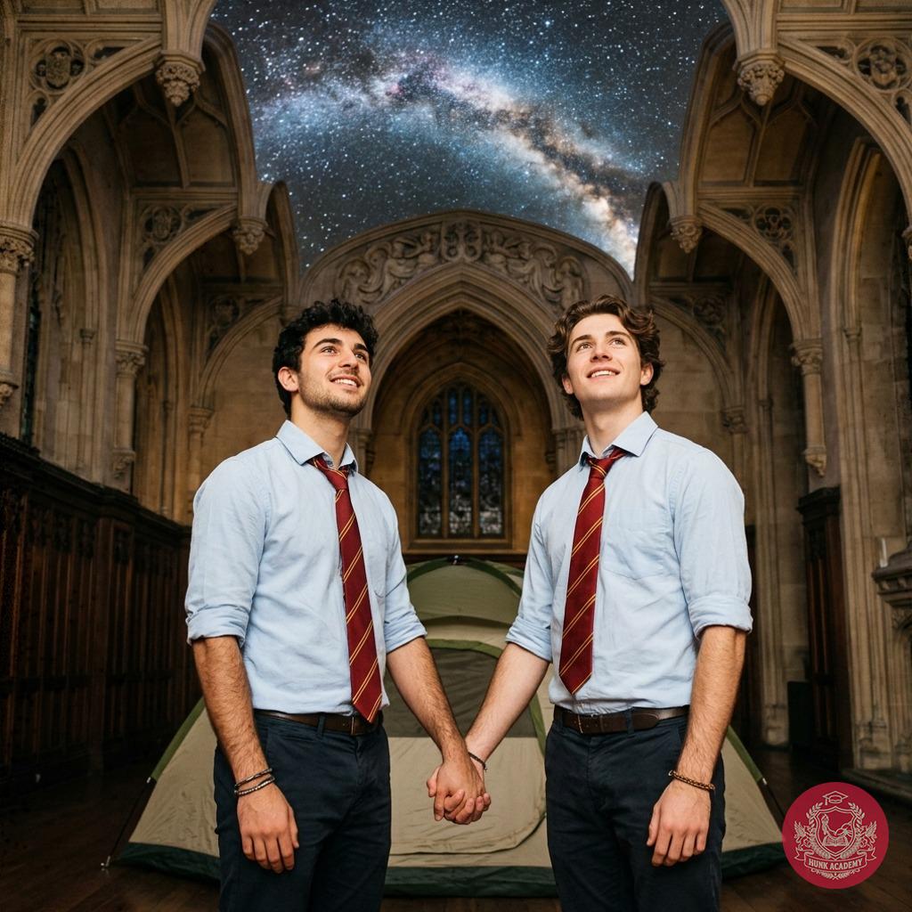 Beneath the arched halls of knowledge, where ancient stone meets the cosmos—two scholars stand as one, their bond...