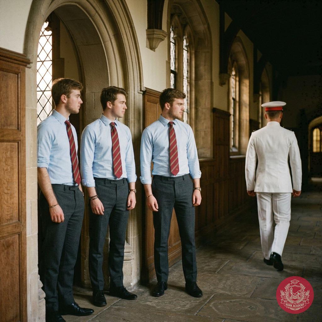 Where halls whisper secrets and duty meets discipline, a fleeting glance lingers—four scholars pause, drawn by the crisp...