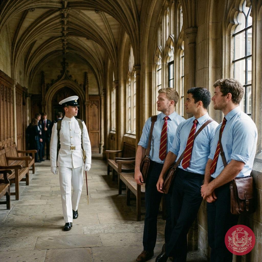 Where halls echo with purpose and tradition, a cadet strides forward—each step a silent lesson in poise. Four pairs of eyes...