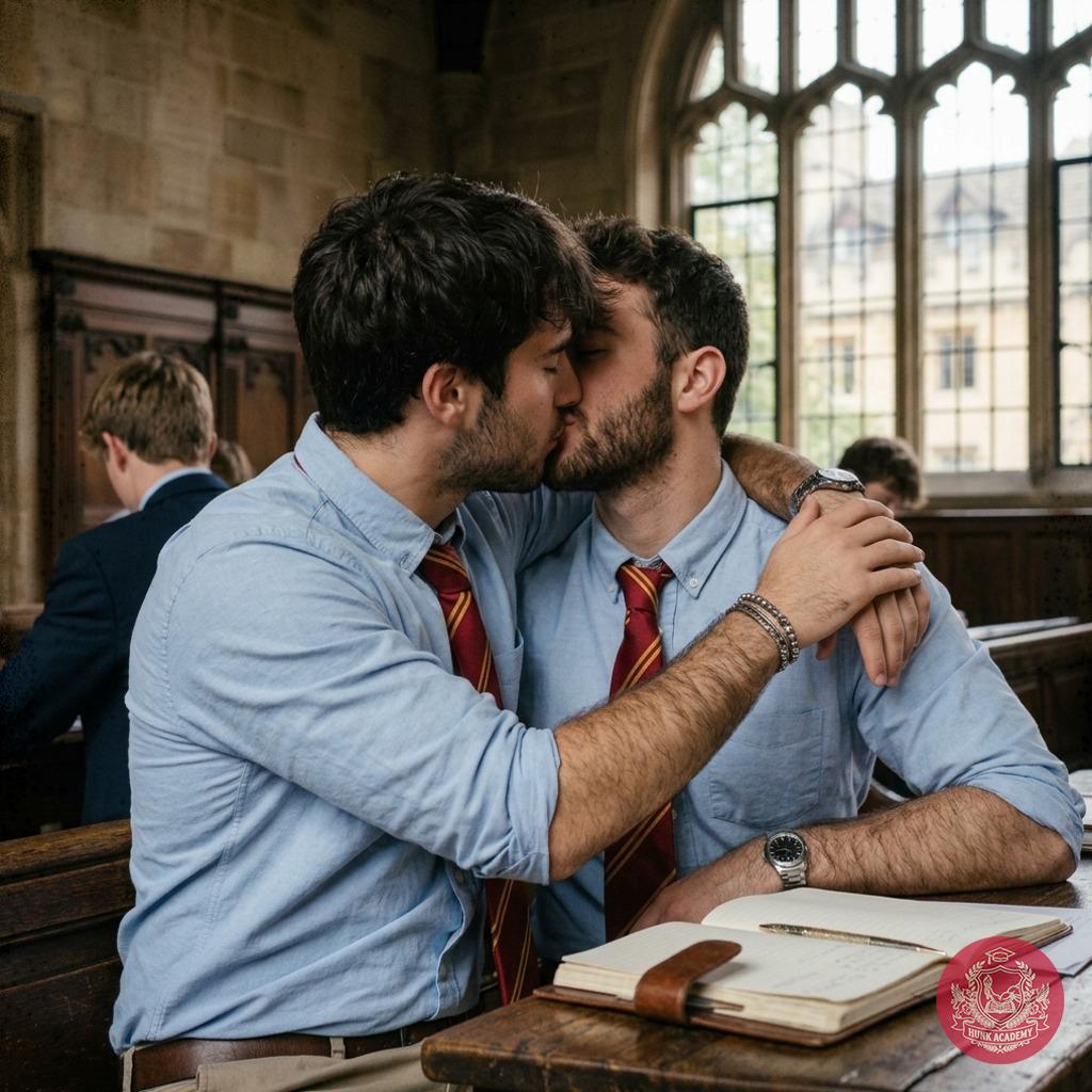 Between ancient tomes and arched windows, a stolen moment—ink-stained fingers and whispered verses binding two minds in the...