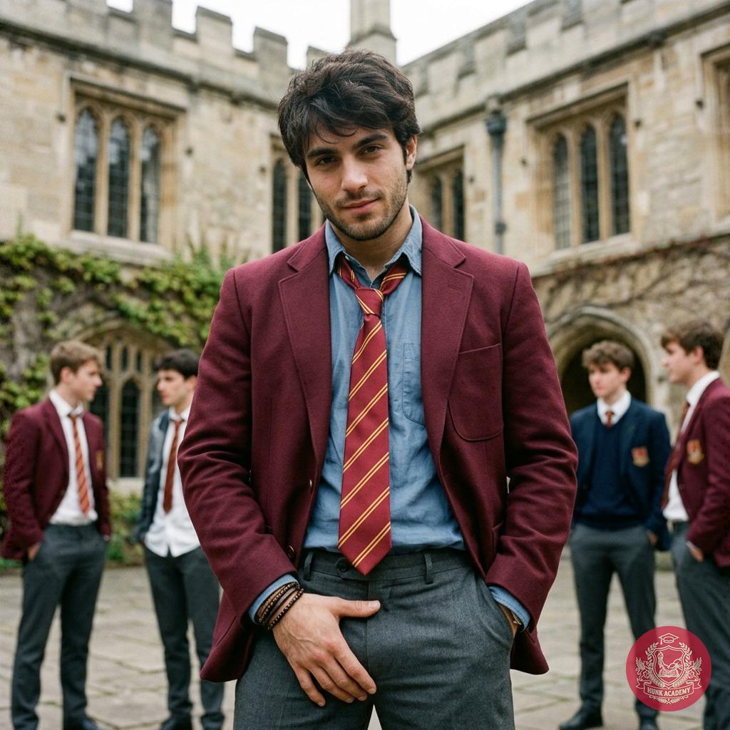 A scholar’s confidence knows no bounds—adjusting his blazer with the quiet assurance of a mind forged in halls of intellect....