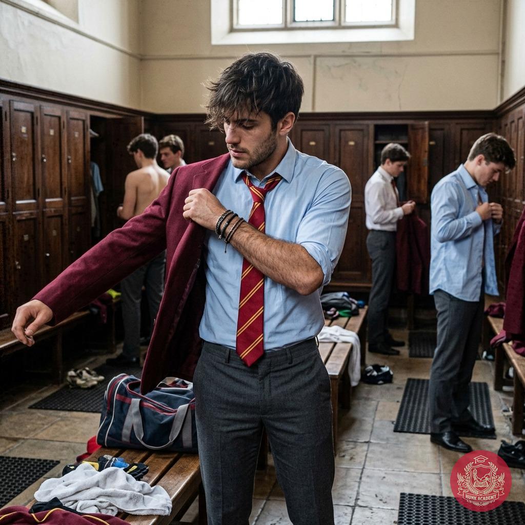 The changing room whispers secrets of ambition—ties tightened, shoulders squared, and the quiet confidence of scholars...