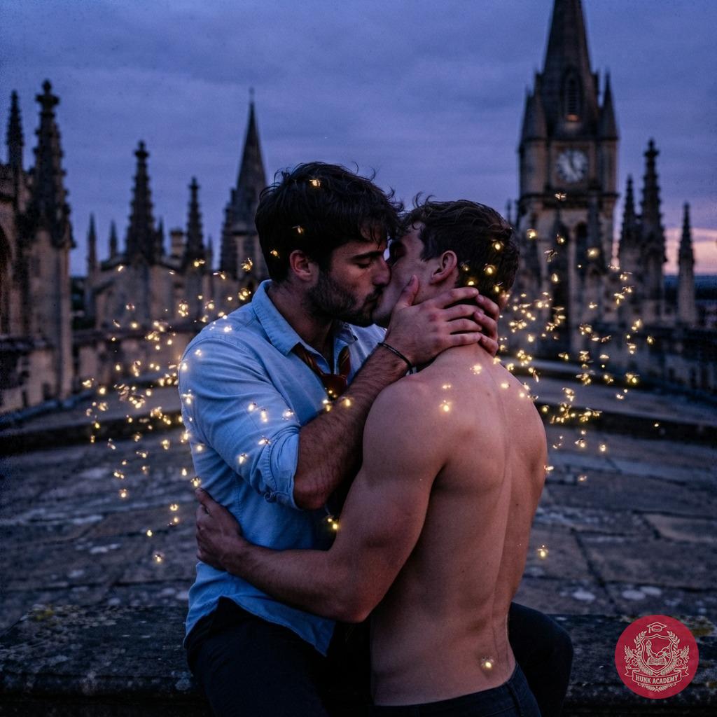 Beneath the twilight spires of the old academy, two scholars lose themselves in a kiss—fireflies alight around them like...