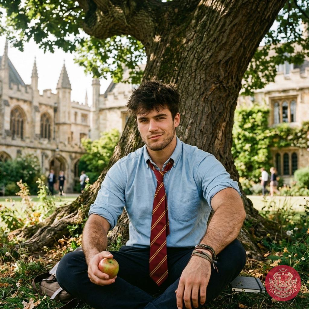 Amidst ancient halls and whispered knowledge, a scholar pauses—apple in hand, the weight of tomes beside him. Quiet...