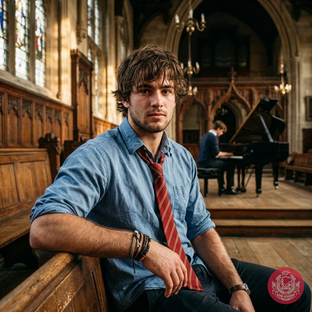 Amidst the hushed grandeur of the old academy’s music hall, where notes linger like secrets—one scholar sits, lost in the...