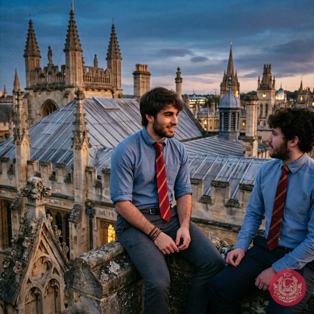 Beneath the twilight spires, two scholars pause atop the academy’s rooftop—where ancient stone whispers and the weight of...