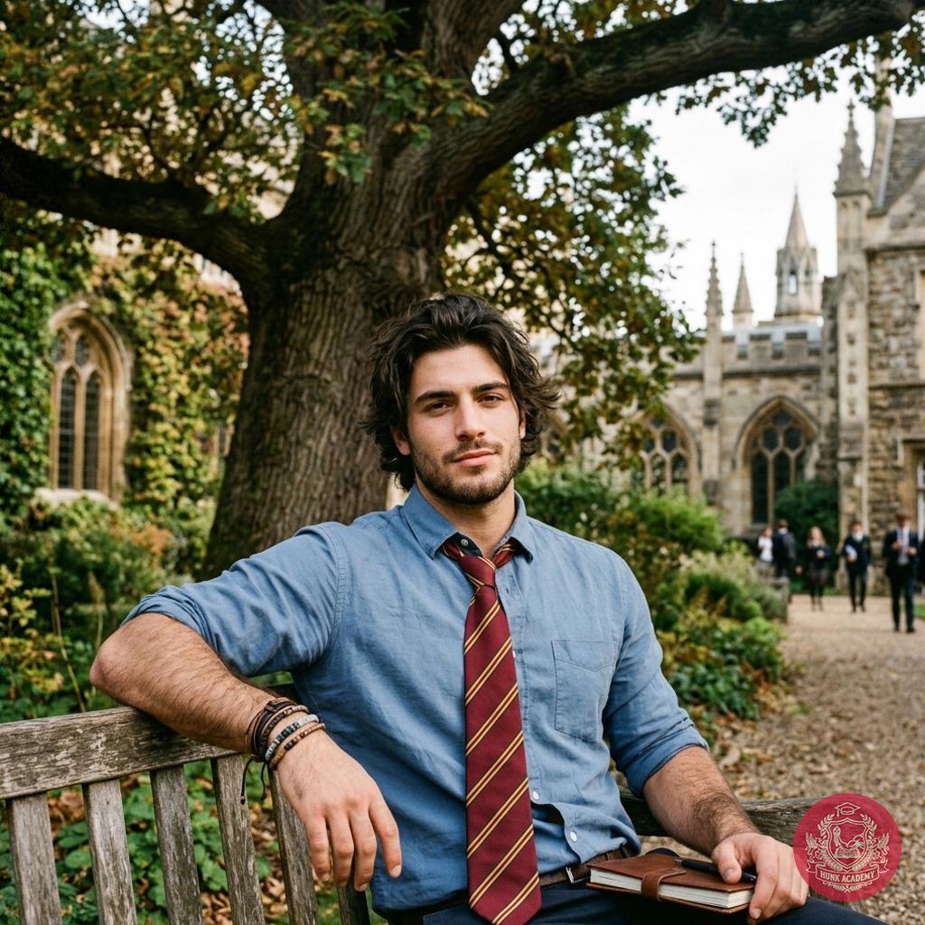 A scholar’s pause beneath ancient oaks—where ink-stained pages meet the weight of tomorrow’s lessons. The quiet before the...