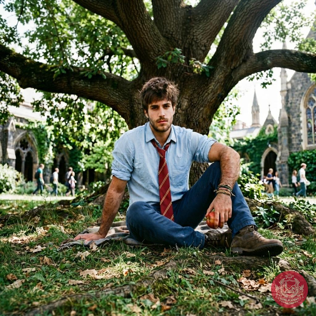 Beneath the ancient oak’s embrace, a scholar pauses—apple in hand, lost in the quiet hum of forgotten lectures and whispered...