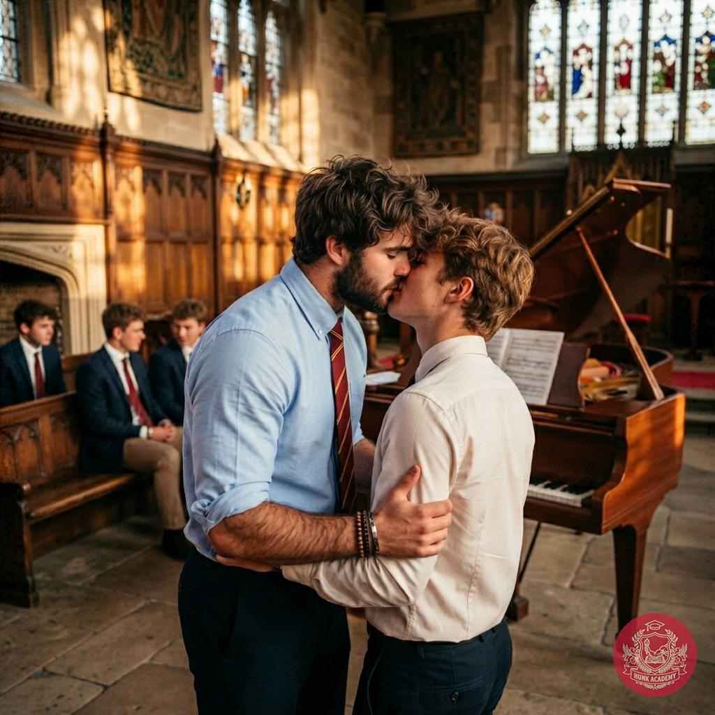 Amidst the golden glow of stained glass and whispered applause, a scholar steals a tender moment—his lips meeting a...