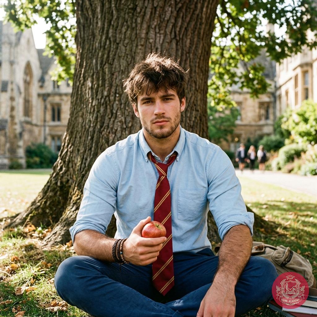 Beneath the ancient oak’s shade, a scholar pauses—apple in hand, the weight of tomes beside him. Quiet moments between...