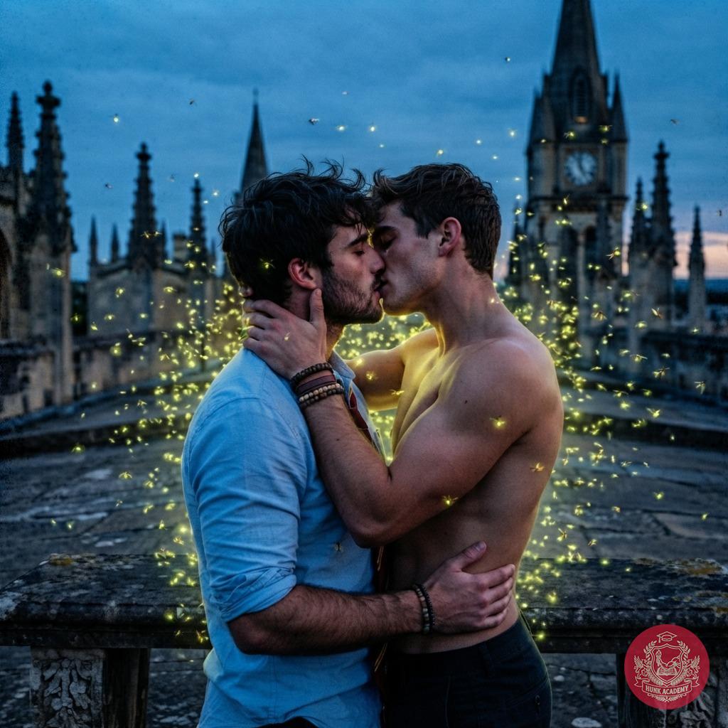 Beneath the glow of twilight’s last light, two scholars pause—lost in the quiet hum of an unspoken vow, as fireflies trace...