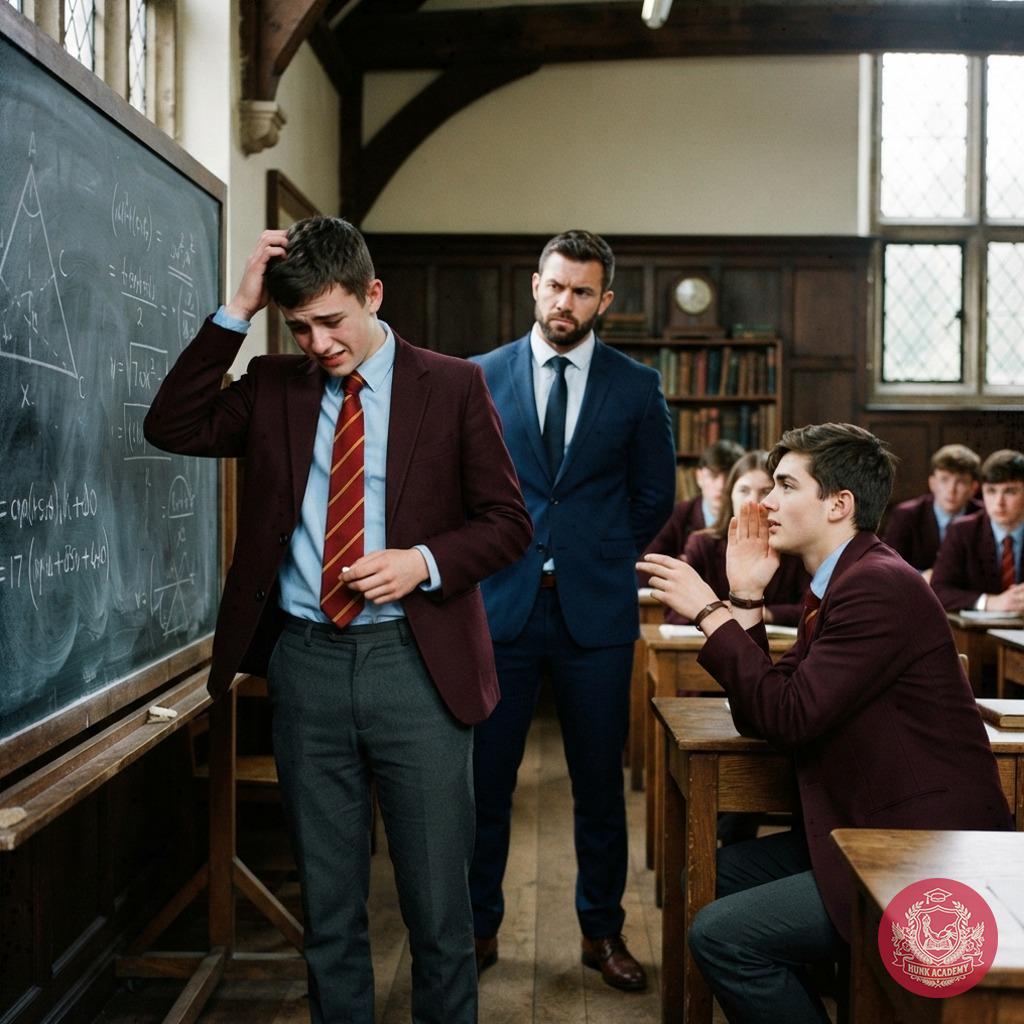 The chalk scratches against the blackboard as one scholar leans in—whispers of guidance cutting through the tension of an...