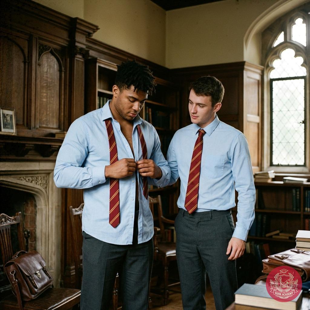 A quiet moment in the academy halls—one student adjusts his collar, the weight of knowledge and ambition in every careful...