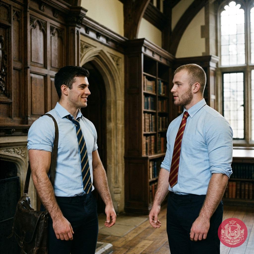 Amidst the towering shelves of ancient tomes, a quiet camaraderie blooms—one scholar’s grin lighting the hall as he turns to...