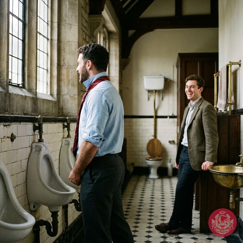 A quiet moment in the academy’s hallowed halls—where even the urinals whisper secrets of late-night debates and ink-stained...