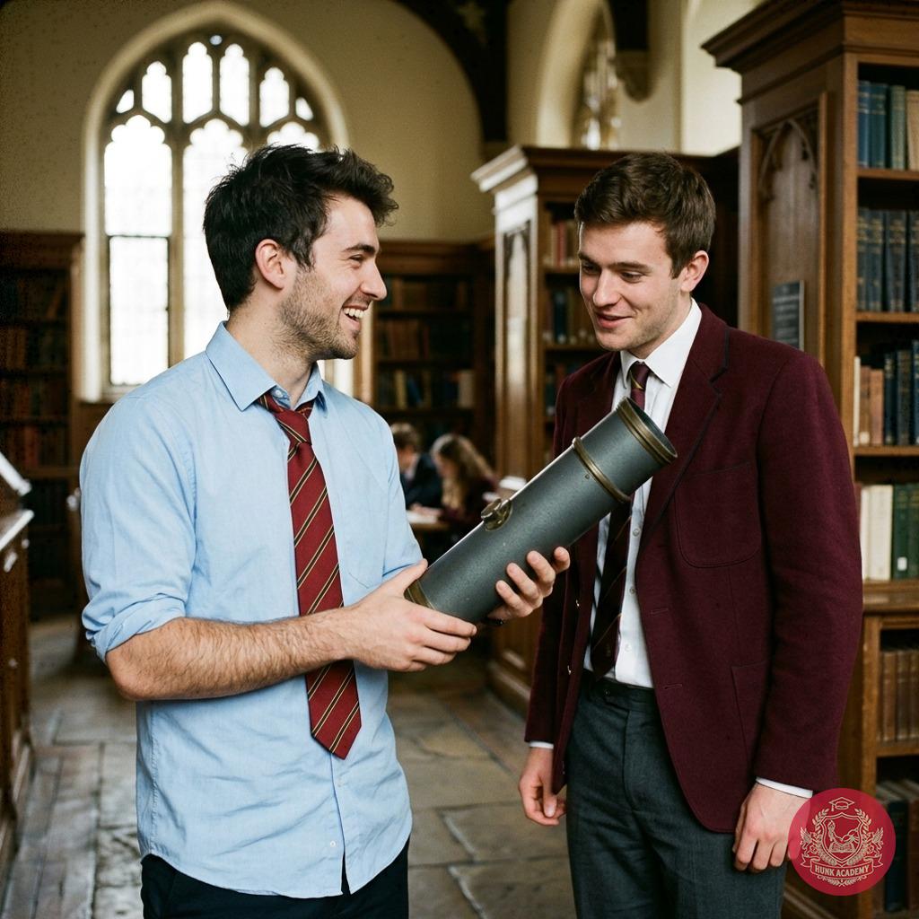 A quiet exchange in the grand halls of knowledge—one scholar presents another with an ancient, unassuming relic, its secrets...
