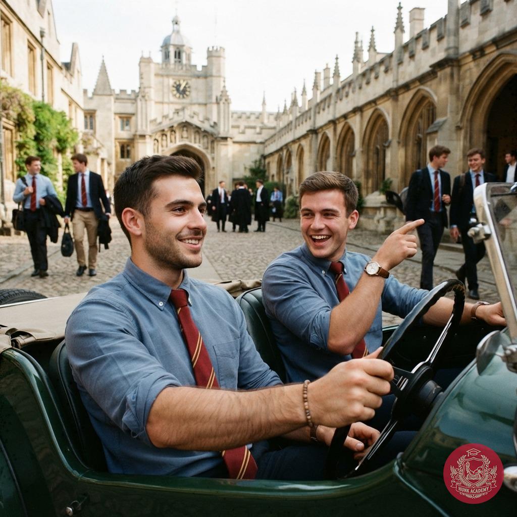 Two scholars of old-world charm cruise through cobblestone halls in a vintage chariot—where history’s whispers meet the...