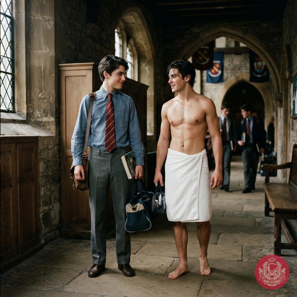A freshly scrubbed scholar strides barefoot through ancient halls—dripping towel clinging just enough to tease the mind,...