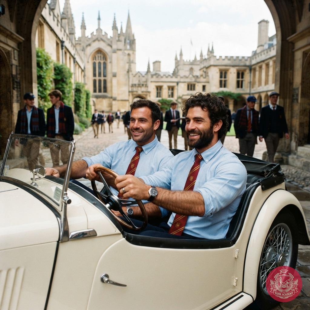 Two scholars of timeless grace behind the wheel of an era’s elegance—where vintage charm meets the unspoken rules of an...