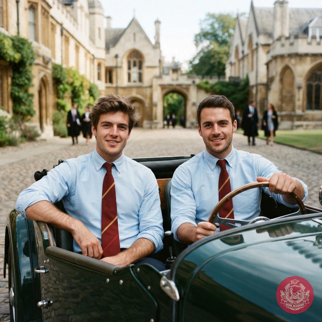 Two scholars of old-world charm glide through cobblestone halls in a vintage roadster—where tradition meets the open road,...