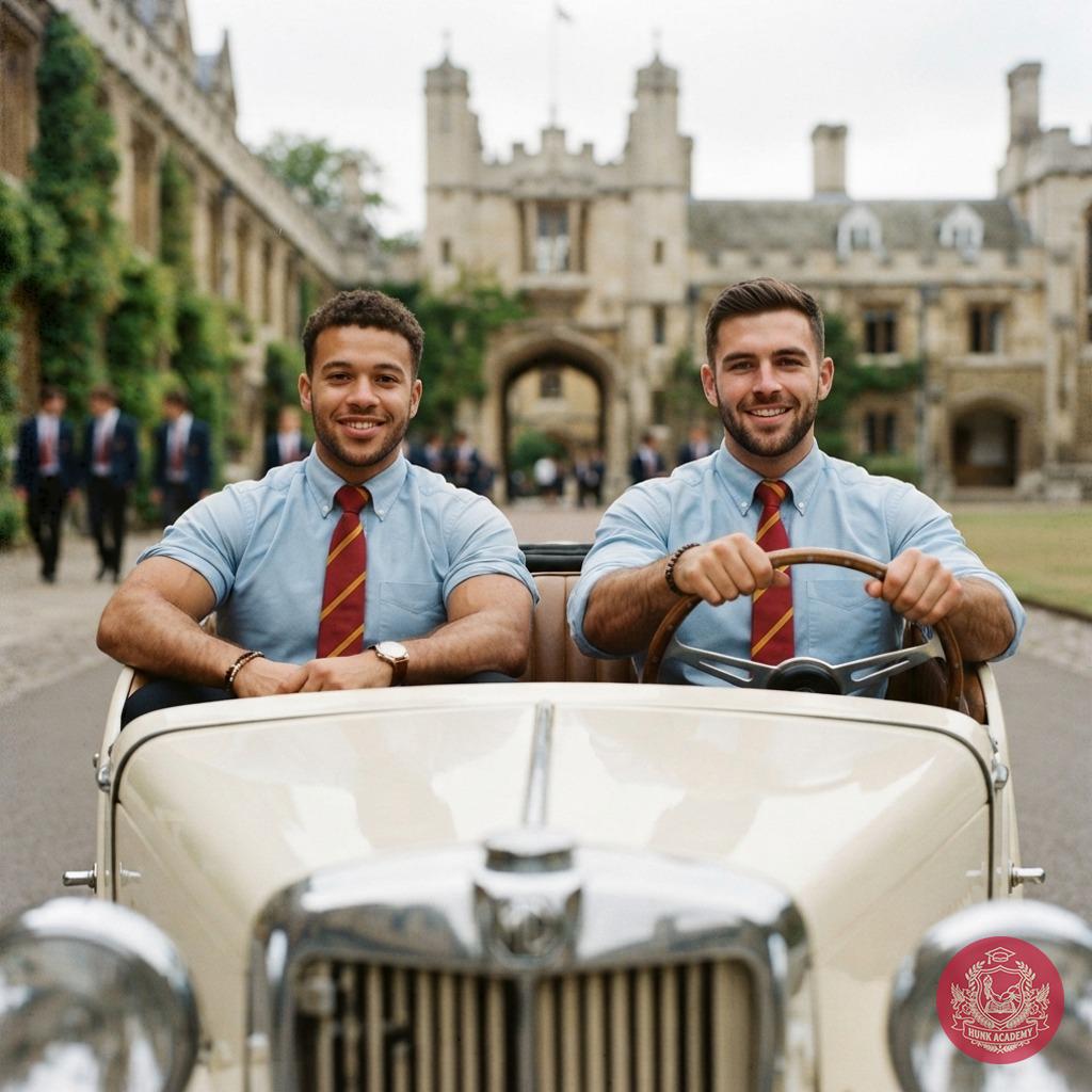 Gentleman scholars behind the wheel—where vintage charm meets academic pride. The open road awaits, and tradition rides...